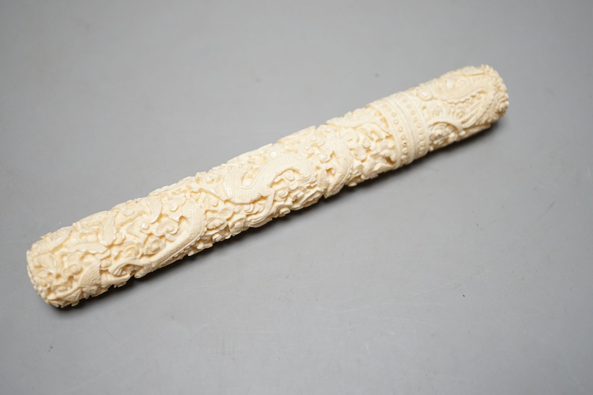 A Chinese export ivory needle case., 16 cms long.